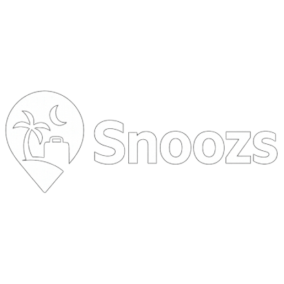 Snoozs logo icon featuring a teal location pin with a white palm tree, orange suitcase, and crescent moon, symbolizing relaxing travel for families and couples.